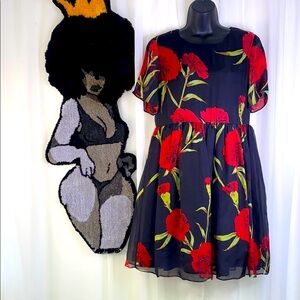 100% Silk Black Red Floral Fit & Flare Mini Dress Sheer Overlay Romantic Chic